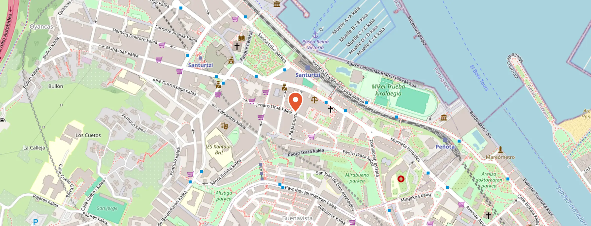 Plano del centro de Santurtzi con la ubicación de Pagazaurtundua Kalea, s/n señalada con una chincheta.